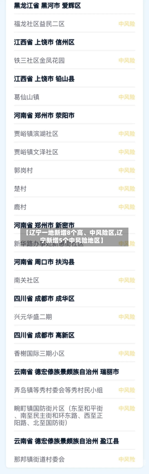 【辽宁一地新增8个高、中风险区,辽宁新增5个中风险地区】